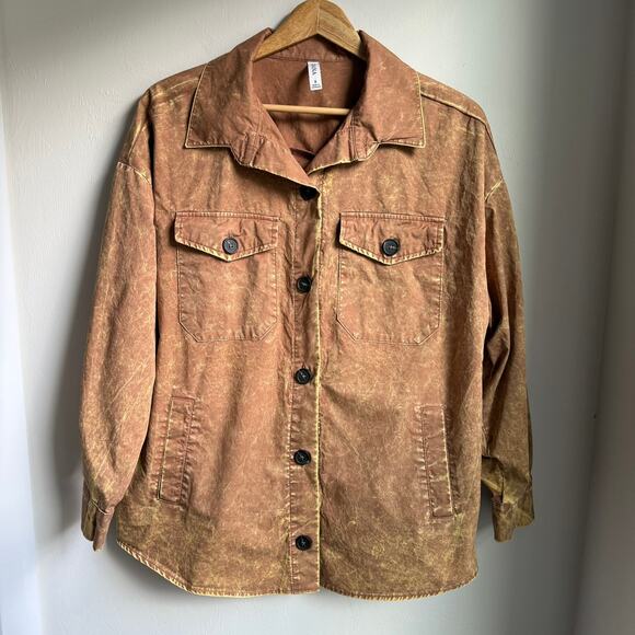Zenana 100% Cotton Button Up Shacket Brown Utility Pockets Women’s Small - Picture 2 of 7